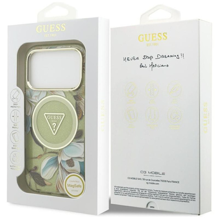 Guess IML Glitter Flowers Triangle MagSafe - Etui iPhone 17 Pro (zielony)