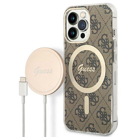 Guess Bundle Pack MagSafe 4G - Zestaw etui + ładowarka MagSafe iPhone 13 Pro (brązowy/złoty)