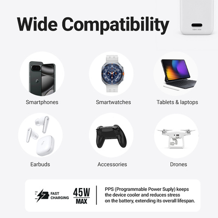 Crong Ultra Compact GaN - Ładowarka sieciowa USB-C 45W PD 3.0 z PPS (biały)