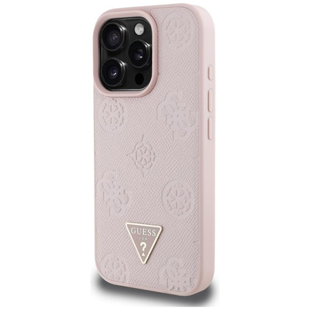 Guess Grained Hot Stamp Peony Triangle Logo MagSafe - Etui do iPhone 16 Pro (różowy)