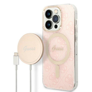 Guess Bundle Pack MagSafe 4G - Zestaw etui + ładowarka MagSafe iPhone 14 Pro Max (różowy/złoty)