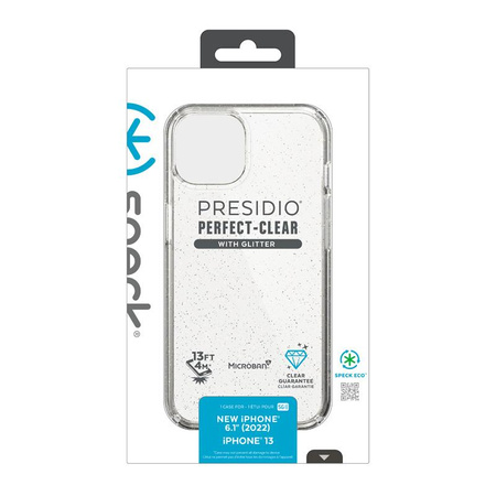 Speck Presidio Perfect-Clear with Glitter - Etui iPhone 14 / iPhone 13 z powłoką MICROBAN (Clear / Gold Glitter)