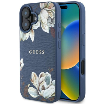 Guess Grained Printed Flower Pattern MagSafe - Etui do iPhone 16 (niebieski)