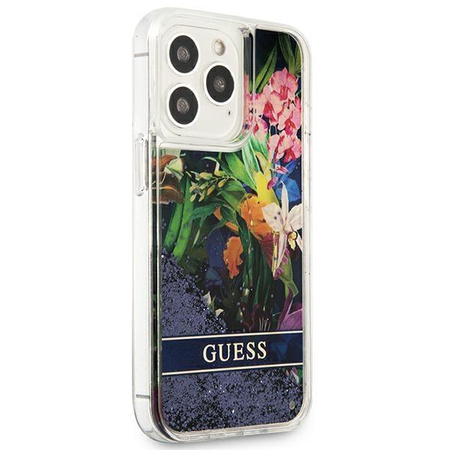 Guess Liquid Glitter Flower – Etui iPhone 13 Pro Max (niebieski)