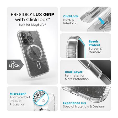 Speck Presidio Lux Grip ClickLock & Magsafe - Etui iPhone 15 Pro (Clear / Chrome Finish / Serene Silver)