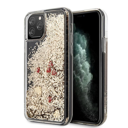 Guess Liquid Glitter Hearts - Etui iPhone 11 Pro (złoty/czerwony)