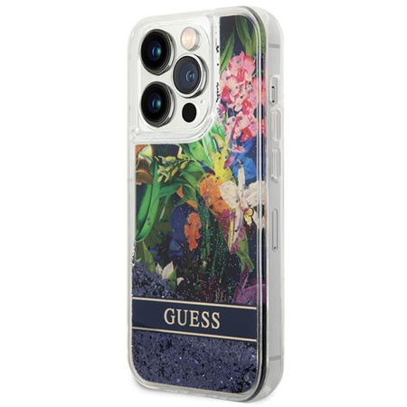 Guess Liquid Glitter Flower - Etui iPhone 14 Pro Max (niebieski)