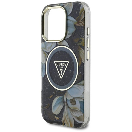 Guess Glitter Flowers Triangle Buttons MagSafe - Etui do iPhone 16 Pro (czarny)