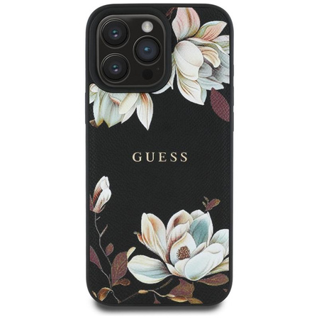 Guess Grained Printed Flower Pattern MagSafe - Etui do iPhone 16 Pro (czarny)