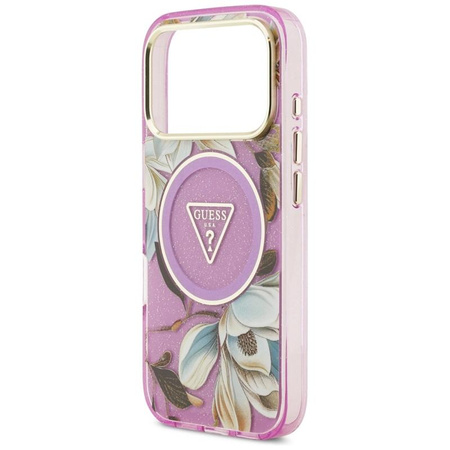 Guess IML Glitter Flowers Triangle MagSafe - Etui iPhone 17 Pro (fioletowy)