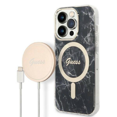 Guess Bundle Pack MagSafe IML Marble - Zestaw etui + ładowarka MagSafe iPhone 14 Pro Max (czarny/złoty)