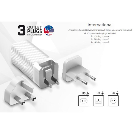 Energizer Ultimate - Ładowarka sieciowa podróżna Multiplug EU / UK / US GaN USB-C & USB-A 65W PD (Srebrny)