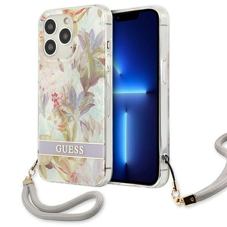 Guess Flower Cord - Etui ze smyczką iPhone 13 Pro Max (Purple)