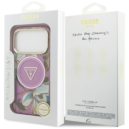 Guess IML Glitter Flowers Triangle MagSafe - Etui iPhone 17 Pro (fioletowy)