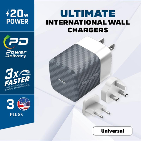 Energizer Ultimate - Ładowarka sieciowa podróżna Multiplug EU / UK / US GaN USB-C 20W PD (Srebrny)