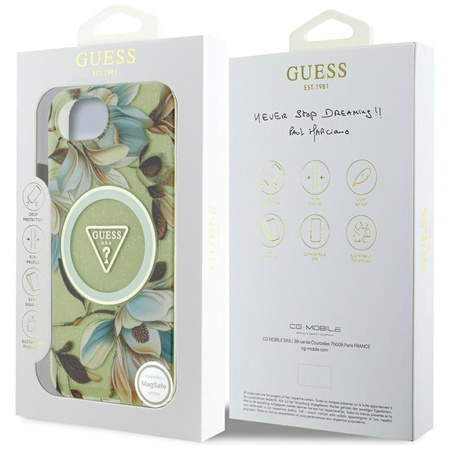 Guess IML Metal Glitter Flowers Triangle MagSafe - Etui do iPhone 16e (zielony)