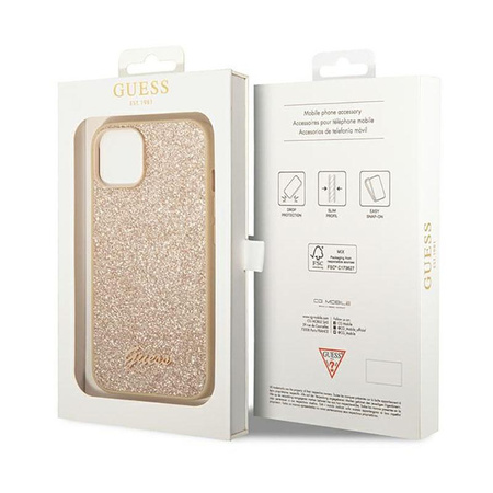 Guess Glitter Flakes Metal Logo Case – Etui iPhone 14 (złoty)