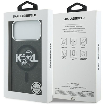 Karl Lagerfeld IML Glitter Karl & Choupette Sketch Logo MagSafe - Etui iPhone 17 Pro Max (czarny)