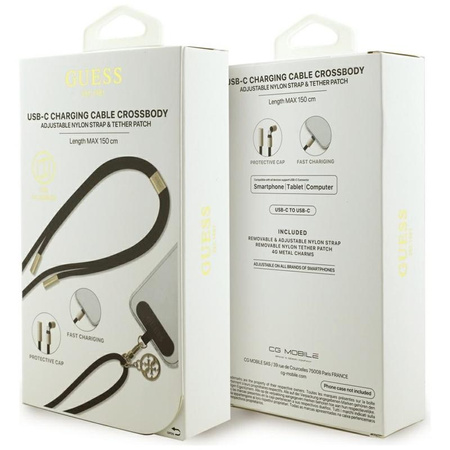 Guess Crossbody Strap 4G Charm - Uniwersalny pasek do telefonu / kabel USB-C do USB-C 1.5m (czarny)