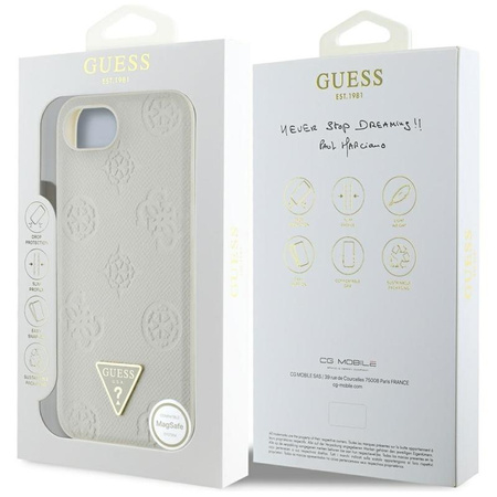 Guess Grained Hot Stamp Peony Triangle Logo MagSafe - Etui do iPhone 16e (beżowy)