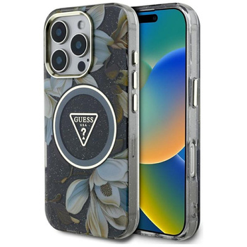 Guess Glitter Flowers Triangle Buttons MagSafe - Etui do iPhone 16 Pro Max (czarny)