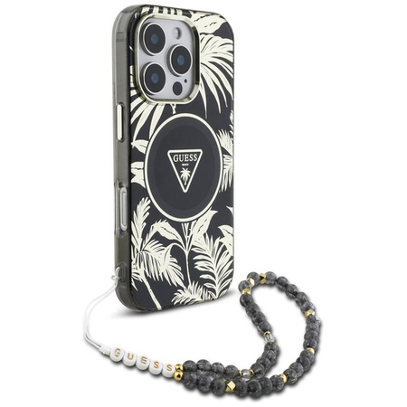 Guess Palm Trees Triangle Pearl Strap MagSafe - Etui do iPhone 16 Pro Max (czarny)