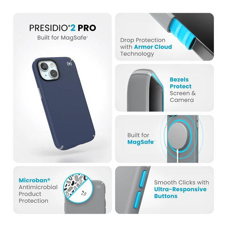 Speck Presidio2 Pro Magsafe - Etui iPhone 15 (Coastal Blue / Dustgrey / White)