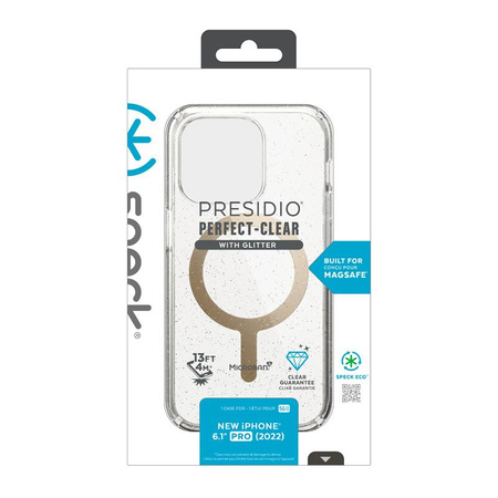 Speck Presidio Perfect-Clear with Glitter + MagSafe - Etui iPhone 14 Pro z powłoką MICROBAN (Clear / Gold Glitter)