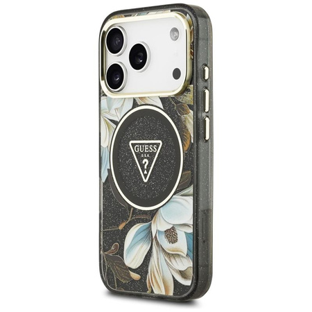 Guess IML Glitter Flowers Triangle MagSafe - Etui iPhone 17 Pro (czarny)