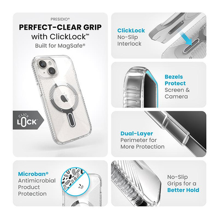 Speck Presidio Perfect-Clear Grip ClickLock & MagSafe - Etui iPhone 16e / iPhone 15 / iPhone 14 / iPhone 13 (Clear / Chrome Finish / Serene Silver)