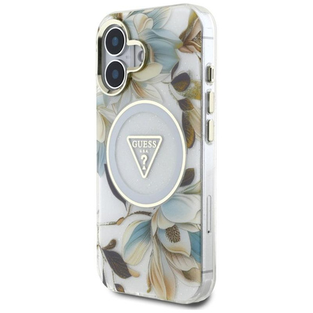 Guess Glitter Flowers Triangle Buttons MagSafe - Etui do iPhone 16 (biały)
