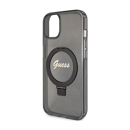 Guess Ring Stand Script Glitter MagSafe - Etui iPhone 15 Plus (czarny)