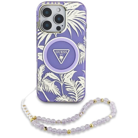 Guess Palm Trees Triangle Pearl Strap MagSafe - Etui do iPhone 16 Pro (fioletowy)