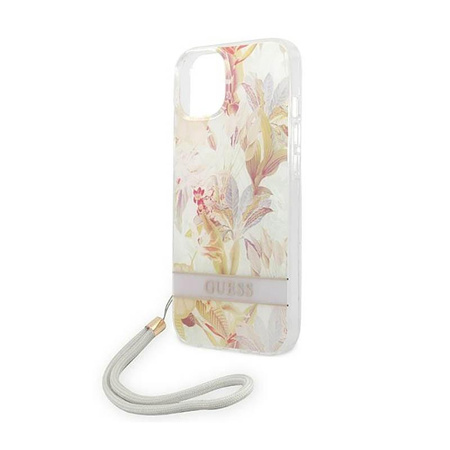 Guess Flower Cord - Etui ze smyczką iPhone 14 (fioletowy)