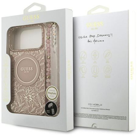 Guess IML Flowers Electro Pearl Strap MagSafe - Etui iPhone 17 Pro Max (różowy)