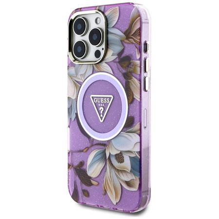 Guess Glitter Flowers Triangle Buttons MagSafe - Etui do iPhone 16 Pro Max (fioletowy)