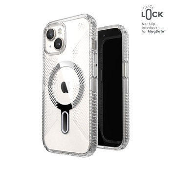 Speck Presidio Perfect-Clear Grip ClickLock & MagSafe - Etui iPhone 16e / iPhone 15 / iPhone 14 / iPhone 13 (Clear / Chrome Finish / Serene Silver)