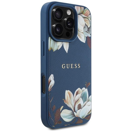 Guess Grained Printed Flower Pattern MagSafe - Etui do iPhone 16 Pro Max (niebieski)