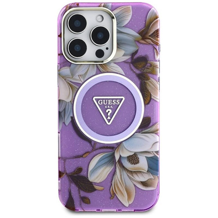 Guess Glitter Flowers Triangle Buttons MagSafe - Etui do iPhone 16 Pro Max (fioletowy)