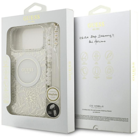 Guess IML Flowers Electro Pearl Strap MagSafe - Etui iPhone 17 Pro Max (biały)