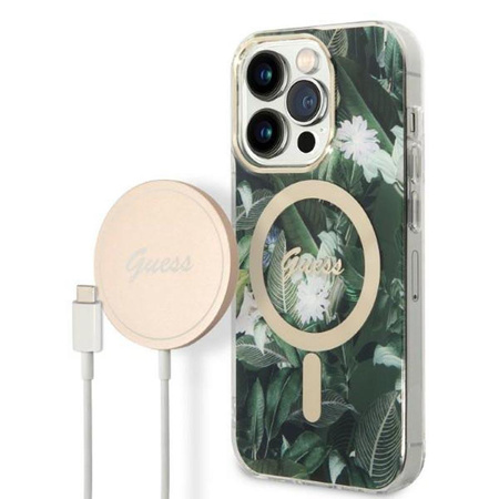 Guess Bundle Pack MagSafe IML Jungle - Zestaw etui + ładowarka MagSafe iPhone 14 Pro (khaki/złoty)