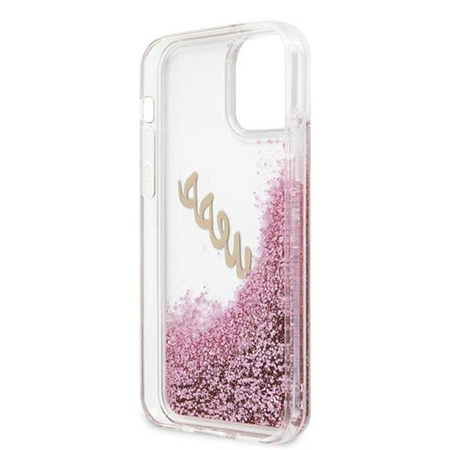 Guess Glitter Vintage Script - Etui iPhone 12 Pro Max (różowy)