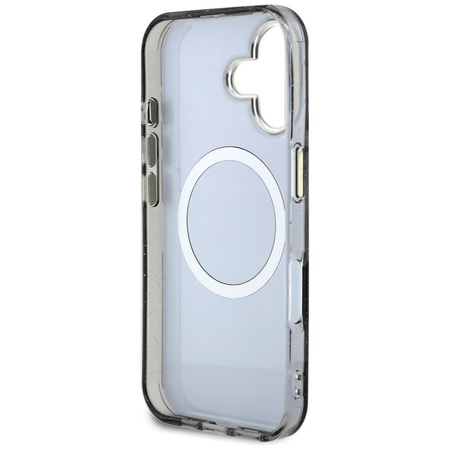 Guess Glitter Flowers Triangle Buttons MagSafe - Etui do iPhone 16 (czarny)