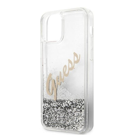 Guess Glitter Vintage Script - Etui iPhone 12 / iPhone 12 Pro (srebrny)
