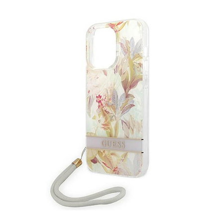 Guess Flower Cord - Etui ze smyczką iPhone 14 Pro (fioletowy)