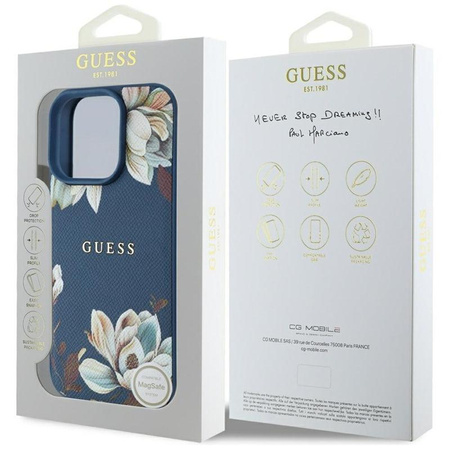 Guess Grained Printed Flower Pattern MagSafe - Etui do iPhone 16 Pro Max (niebieski)