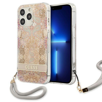 Guess Flower Cord - Etui ze smyczką iPhone 13 Pro Max (Gold)