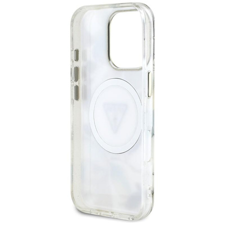 Guess Glitter Flowers Triangle Buttons MagSafe - Etui do iPhone 16 Pro (biały)