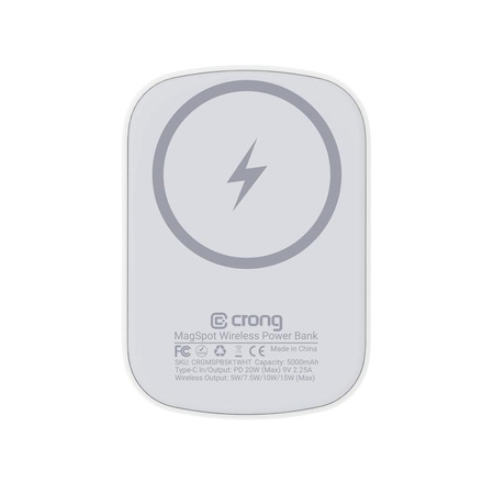 Crong MagSpot Power Bank - Bezprzewodowy power bank ultra slim z MagSafe 5000mAh, USB-C 20W PD (biały)