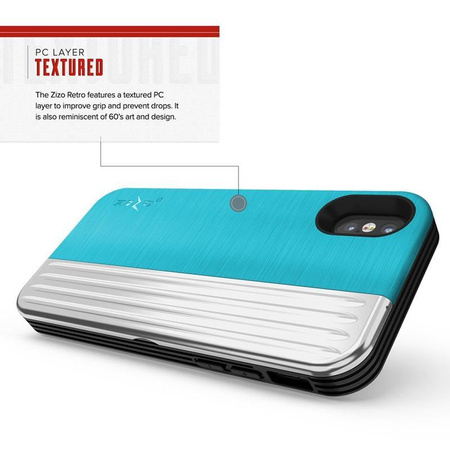 Zizo Retro Series - Etui iPhone Xs / X z kieszenią na karty + podstawka + szkło 9H na ekran (Baby Blue/Silver)